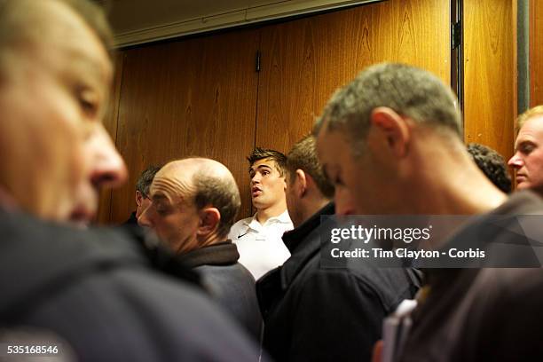 Toby Flood, England, during a media scrum at a press conference in Queenstown during the IRB Rugby World Cup tournament. Queenstown, New Zealand,...