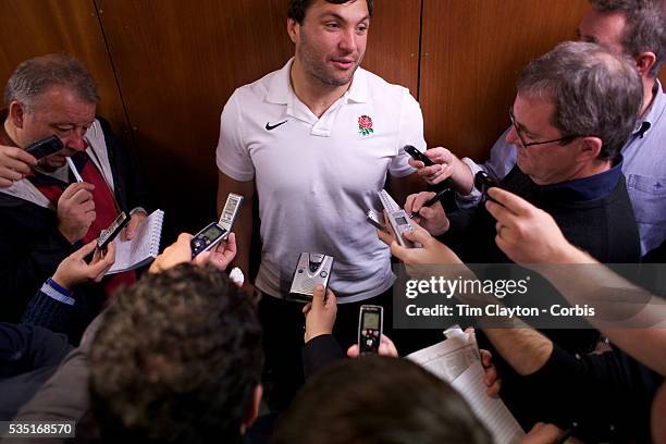 England player Alex Corbisiero talking to the English media scrum at a press conference in Queenstown during the IRB Rugby World Cup tournament....