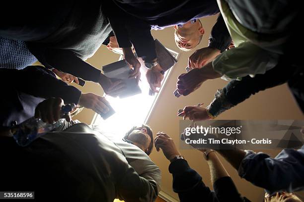 England player Tom Palmer talking to the English media scrum at a press conference in Queenstown during the IRB Rugby World Cup tournament....