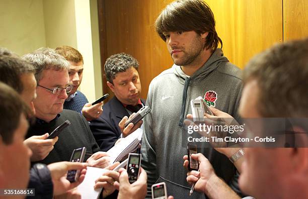 England player Tom Palmer talking to the English media scrum at a press conference in Queenstown during the IRB Rugby World Cup tournament....