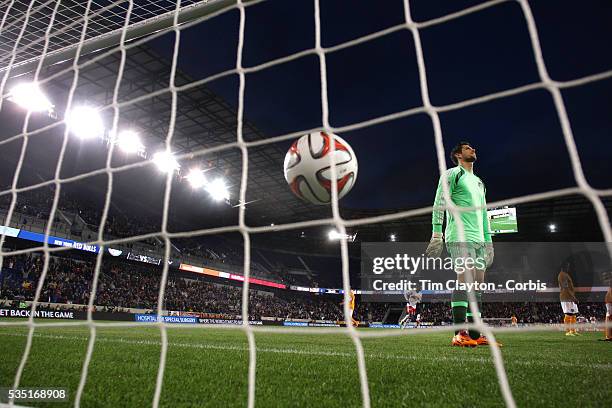 Bradley Wright-Phillips, , New York Red Bulls, scores the second of his hat-trick of goals as he beats Houston Dynamo goalkeeper Tally Hall during...