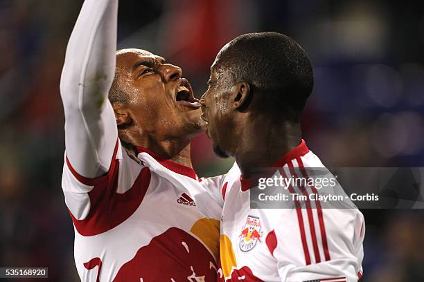 Roy Miller, , New York Red Bulls, who provided the assist, celebrates with goal scorer Bradley Wright-Phillips during the New York Red Bulls V...