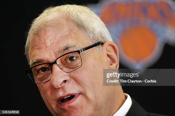 Phil Jackson talking to the media during the New York Knicks Press Conference announcing Jackson as the New President of the New York Knicks at...