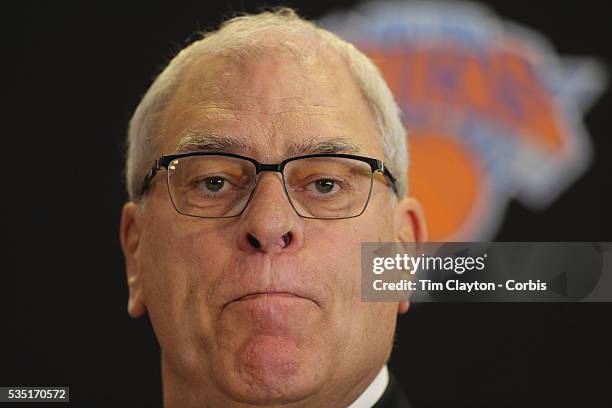 Phil Jackson talking to the media during the New York Knicks Press Conference announcing Jackson as the New President of the New York Knicks at...