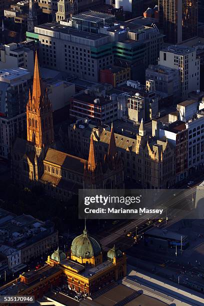 Overview of the city of Melbourne and Melbourne Park from Eureka Tower during the Australian Open 2011. Flinders Street station and the CDB in...