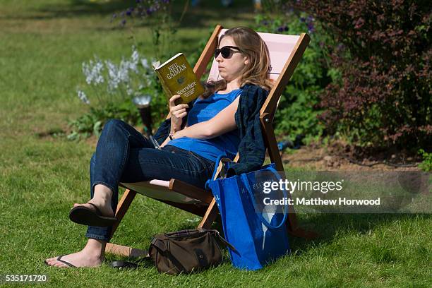 Woman relaxes during the 2016 Hay Festival on May 29, 2016 in Hay-on-Wye, Wales. The Hay Festival is an annual festival of literature and arts now in...