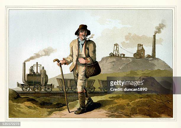 costumes of yorkshire - the collier or coal miner - industrial revolution stock illustrations