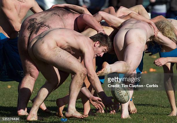 Scrum is contested during the 'Nude Blacks' versus a Fijian invitation side played at Logan Park, Dunedin as an unofficial curtain raiser match...