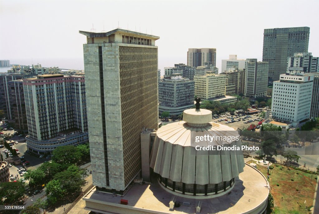 Aerial view of Vidhan Bhavan and Backbay reclamation at Nariman Point, Bombay, Maharashtra, India.