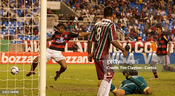 David of Flamengo scores his sides second goal during the Flamengo V Fluminense, Futebol Brasileirao League match at Estadio Olímpico Joao Havelange,...