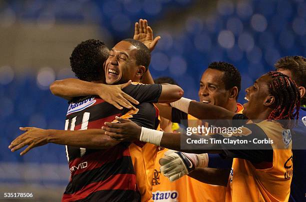 David is congratulated by team mates after scoring Flamengo's second goal during the Flamengo V Fluminense, Futebol Brasileirao League match at...