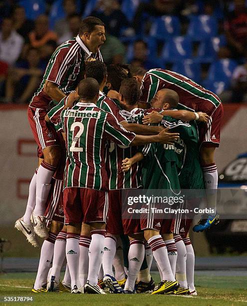 Fluminense celebrate their sides first goal by Leandro during the Flamengo V Fluminense, Futebol Brasileirao League match at Estadio Olímpico Joao...