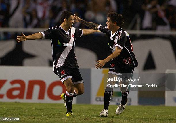 Éder Luís , is congratulated by team mate Fagner after scoring for Vasco during the Botafogo V Vasco, Futebol Brasileirao League match at Estadio...