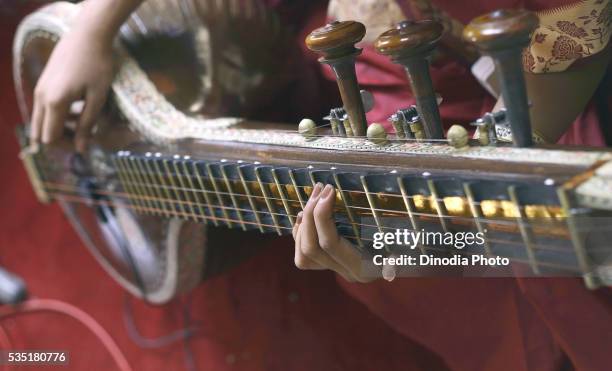 young woman playing a south indian musical instrument called a veena during a religious ceremony. - sittar stock pictures, royalty-free photos & images