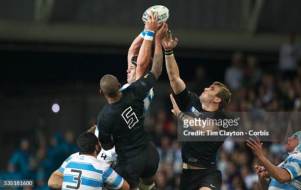 England lock Courtney Lawes challenges for the ball during the England V Argentina, Pool B match during the Rugby World Cup in Dunedin, New Zealand,....