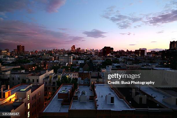 sunset on the roofs of harlem - harlem stock-fotos und bilder