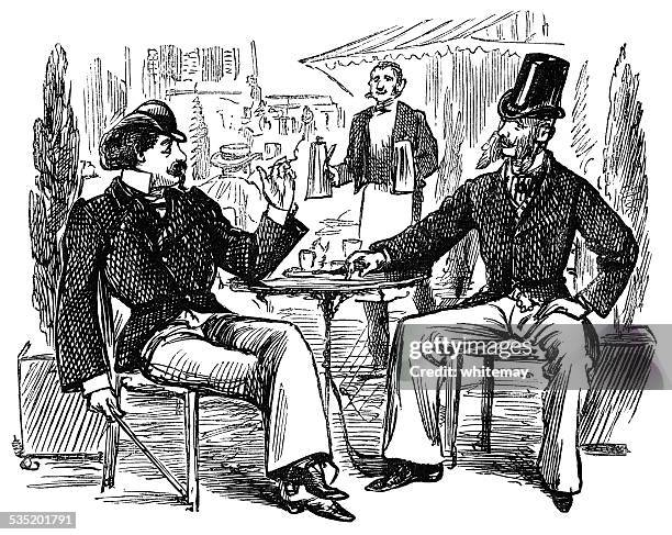 frenchmen at a 19th century cafe - french waiter stock illustrations