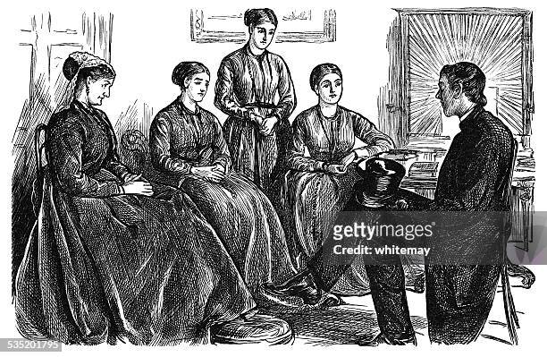 hopeful mother, three marriageable daughters and the new curate - priests talking stock illustrations