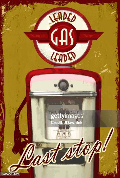 vintage gas pump signage - last stop! mustard aged background - rusty car stock illustrations