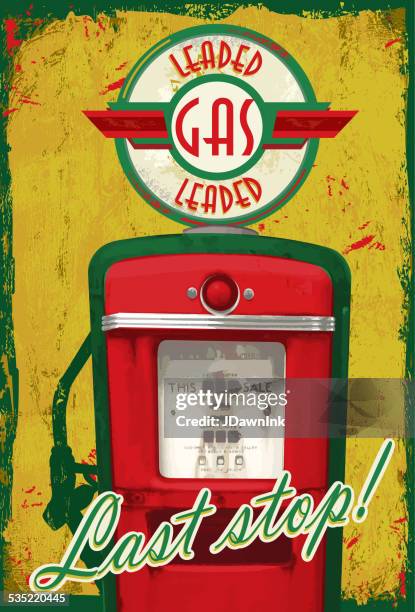 vintage gas pump signage  last stop! yellow green aged background - rusty car stock illustrations