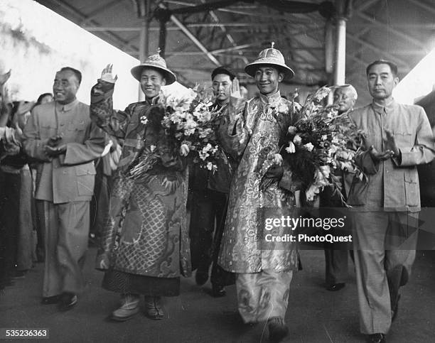 Dalai Lama and Panchen Ngoerhtehni arrive at the Peking Station, Peking, China, September 1954. Front row, left to right: Chu Teh, Vice-Chairman of...