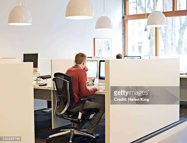 man concentrating on computer screen - cubicle photos et images de collection