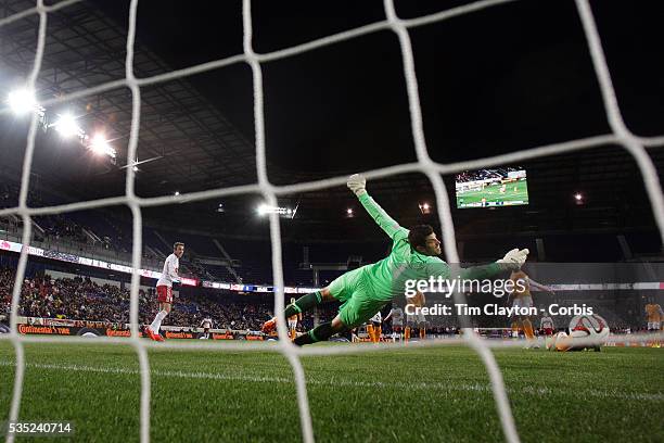 Houston Dynamo goalkeeper Tally Hall makes a fine save from Bradley Wright-Phillips, New York Red Bulls, during the New York Red Bulls V Houston...