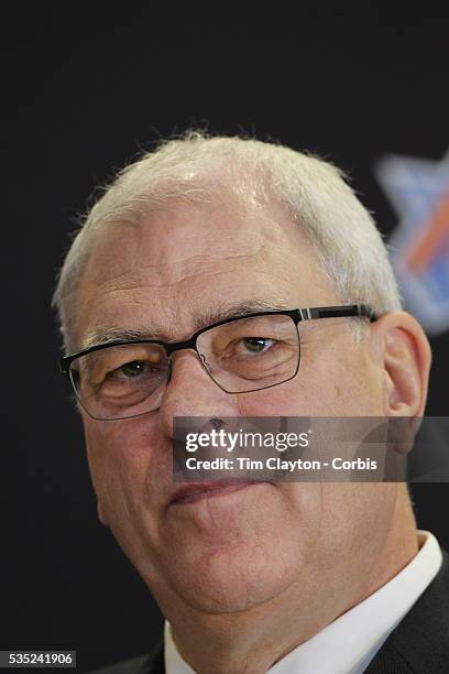 Phil Jackson talking to the media during the New York Knicks Press Conference announcing Jackson as the New President of the New York Knicks at...