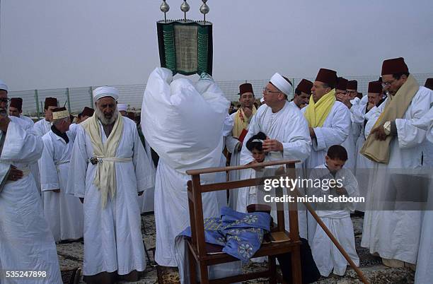 Chavouot Pilgrimage on the mount Gerizim, . The high priest with the sepher thora.