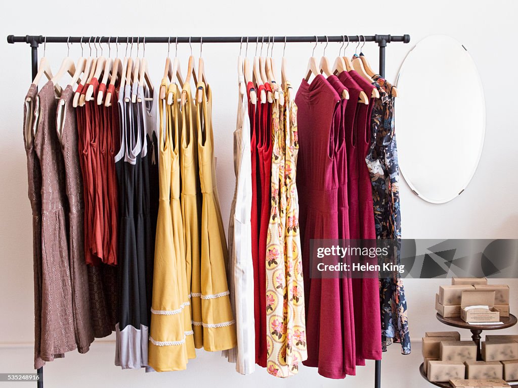 Rack of dresses in boutique