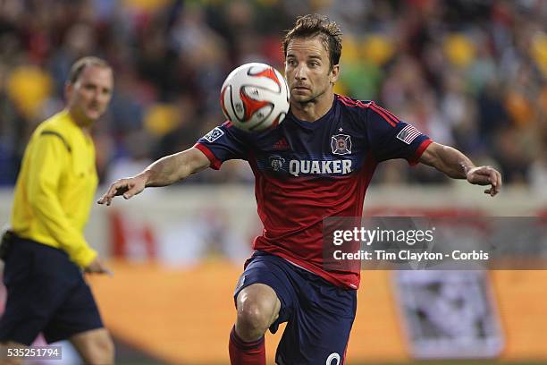 Mike Magee, Chicago Fire, in action during the New York Red Bulls Vs Chicago Fire, Major League Soccer regular season match at Red Bull Arena,...