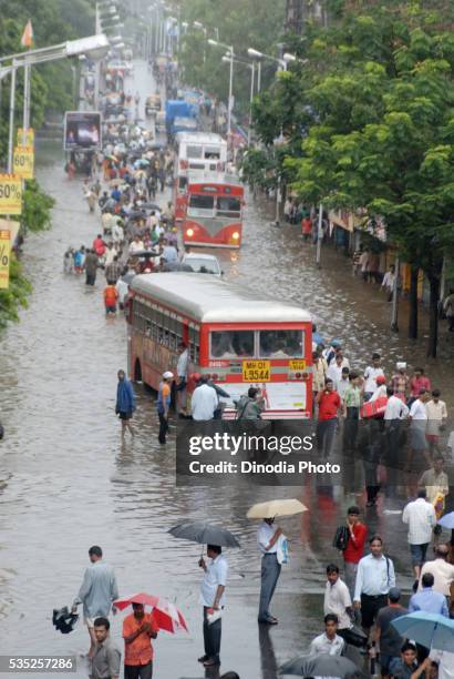 people walking through flooded road during heavy rain in parel, mumbai, maharashtra, india. - maharashtra stock pictures, royalty-free photos & images