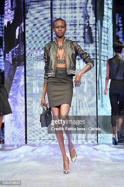 Model walks the runway at the Philipp Plein Event - Milan Fashion Week Womenswear Spring/Summer 2014 at Piazza Vetra on September 21, 2013 in Milan,...