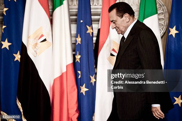 President of Arab Republic of Egypt Hosni Mubarak attends a bilateral meeting with Italian Prime Minister Silvio Berlusconi on May 19, 2010 at Villa...