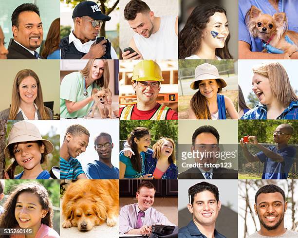 composite people collage. multi-ethnic group, mixed ages. various jobs. dogs. - multiple pets stock pictures, royalty-free photos & images