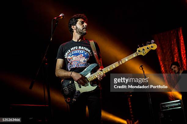 Italian singer-songwriter Max Gazzé - guest at Italian singer Levante 's concert - playing the bass on the stage at the Alcatraz. AbbiCuraDiTeTour,...