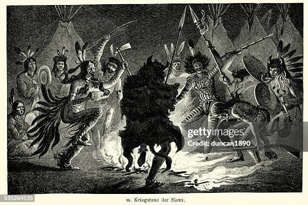 19th century north america -  war dance of the sioux - sioux native americans stock illustrations