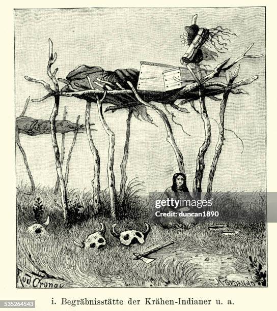 stockillustraties, clipart, cartoons en iconen met 19th century north america -  burial platforms of the crow - montana western usa