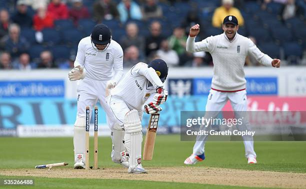 Lahiru Thirimanne of Sri Lanka is bowled by Moeen Ali of England during day three of the 2nd Investec Test match between England and Sri Lanka at...