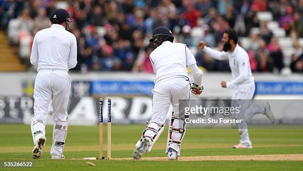 Sri Lanka batsman Lahiru Thirimanne is bowled by Moeen Ali during day three of the 2nd Investec Test match between England and Sri Lanka at Emirates...