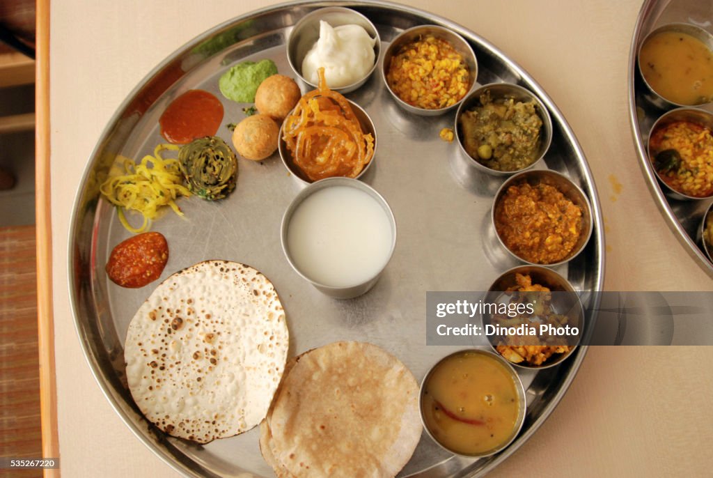 Gujarati lunch in Ahmedabad, Gujarat, India.