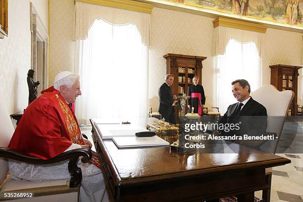 Pope Benedict XVI receives french President Nicolas Sarkozy at the Vatican.Photo by Vatican Pool.
