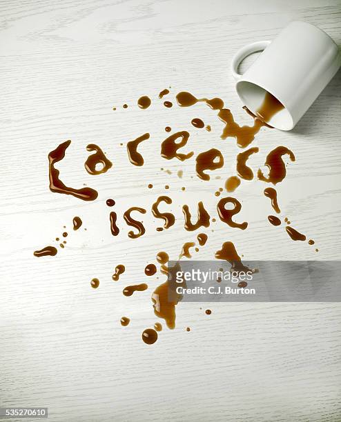 spilled coffee spelling careers issue - spilled drink stock pictures, royalty-free photos & images