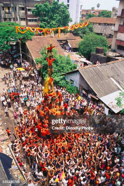 human pyramid breaking pot of curds during gokulashtami festival in mumbai, india. - human pyramid 個照片及圖片檔