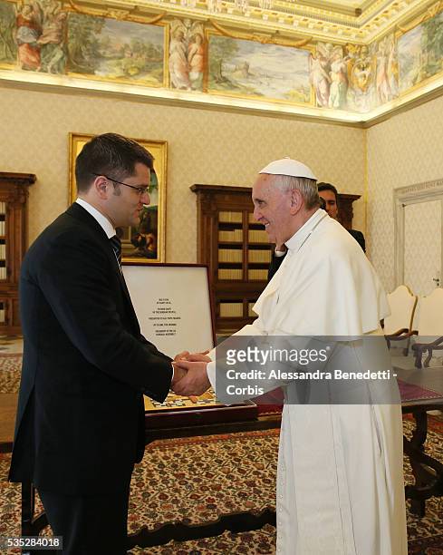 Pope Francis meets President of General Assembly of United Nations Vuk Jeremic at the Vatican. Photo: Grzegorz Galazka/Vatican Pool.