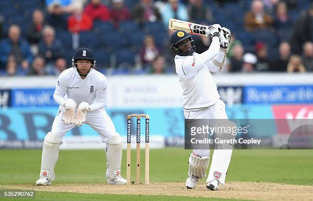 Angelo Mathews of Sri Lanka hits out for six runs during day three of the 2nd Investec Test match between England and Sri Lanka at Emirates Durham...