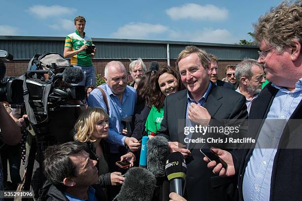 Prime Minister of Ireland Enda Kenny meets Irish4Europe campaigners and speaks to the media at the London v Mayo Gaelic football game on May 28, 2016...