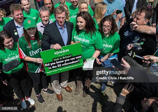 Prime Minister of Ireland Enda Kenny meets and poses with Irish4Europe campaigners and speaks to the media at the London v Mayo Gaelic football game...