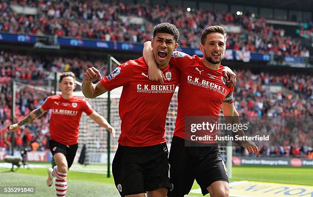 Ashley Fletcher of Barnsley FC celebrates scoring the first goal during the Sky Bet League One Play Off Final between Barnsley and Millwall at...