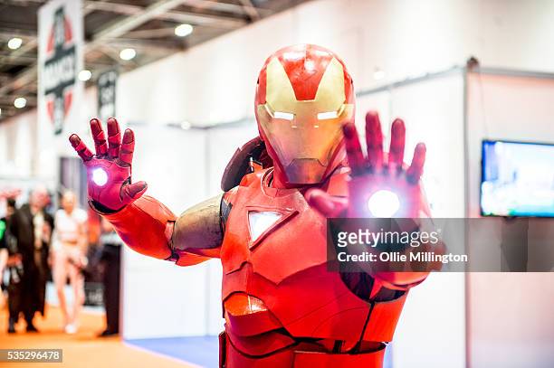 An attendee in costume as IronMan on Day 1 of MCM London Comic Con at The London ExCel on May 27, 2016 in London, England.